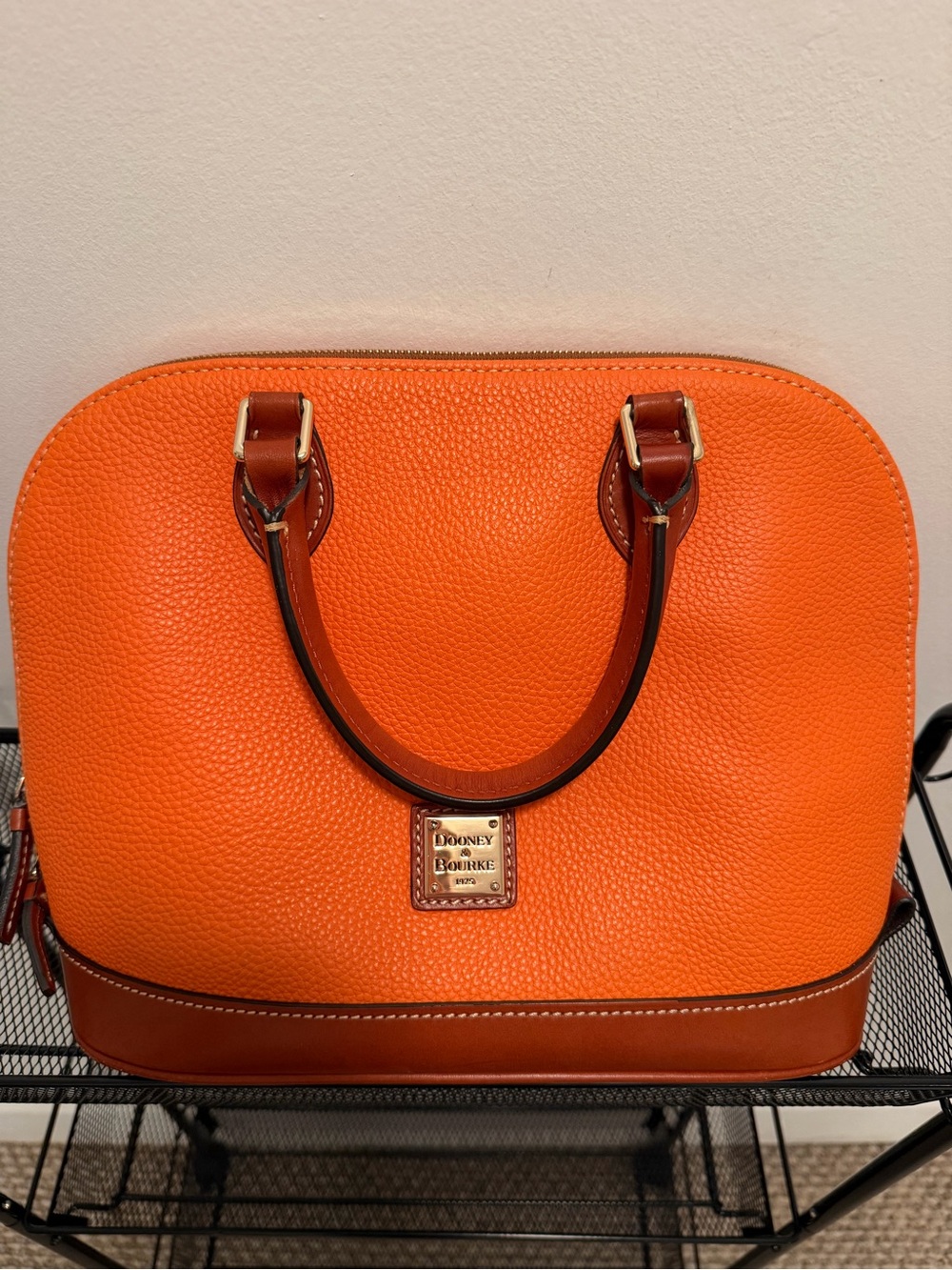 Dooney & Bourke Bright Orange Pebble Leather zip zip Satchel with Brown Trim